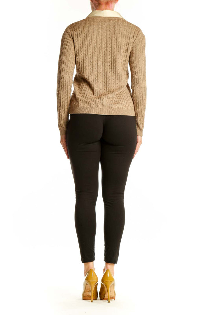 Beige cable knit cashmere and silk pullover, back view on model