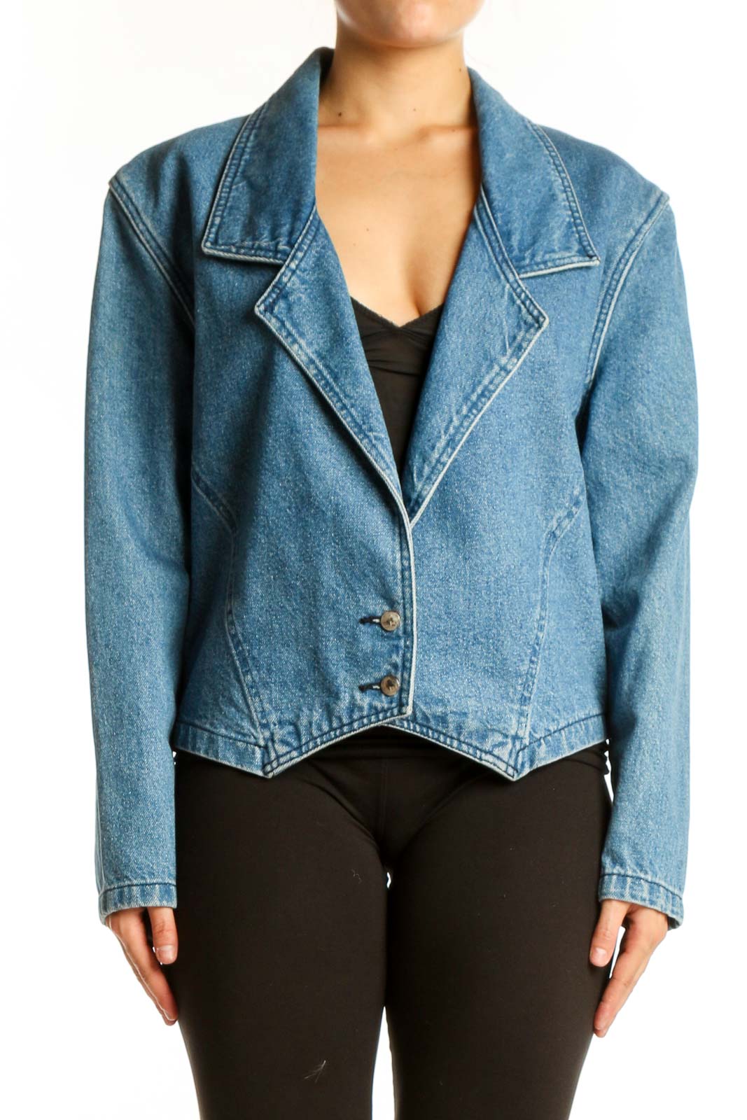 Front view of blue denim blazer with notched collar and single button closure