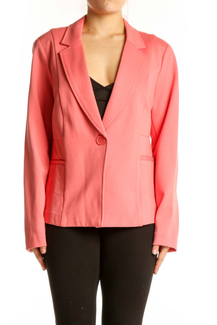 Front view of pink tailored blazer jacket with single-button closure and notched lapels