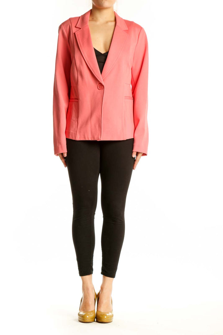 Front view of pink tailored blazer jacket with single-button closure and notched lapels