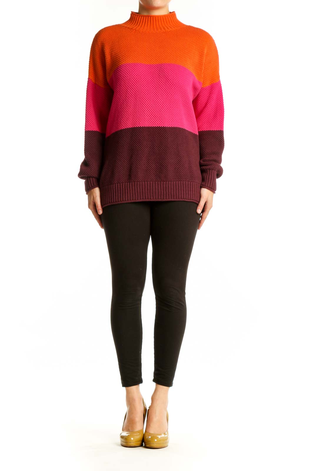 Front view of orange, pink, and burgundy colorblock knit pullover with mock neck by Belle by Kim Gravel