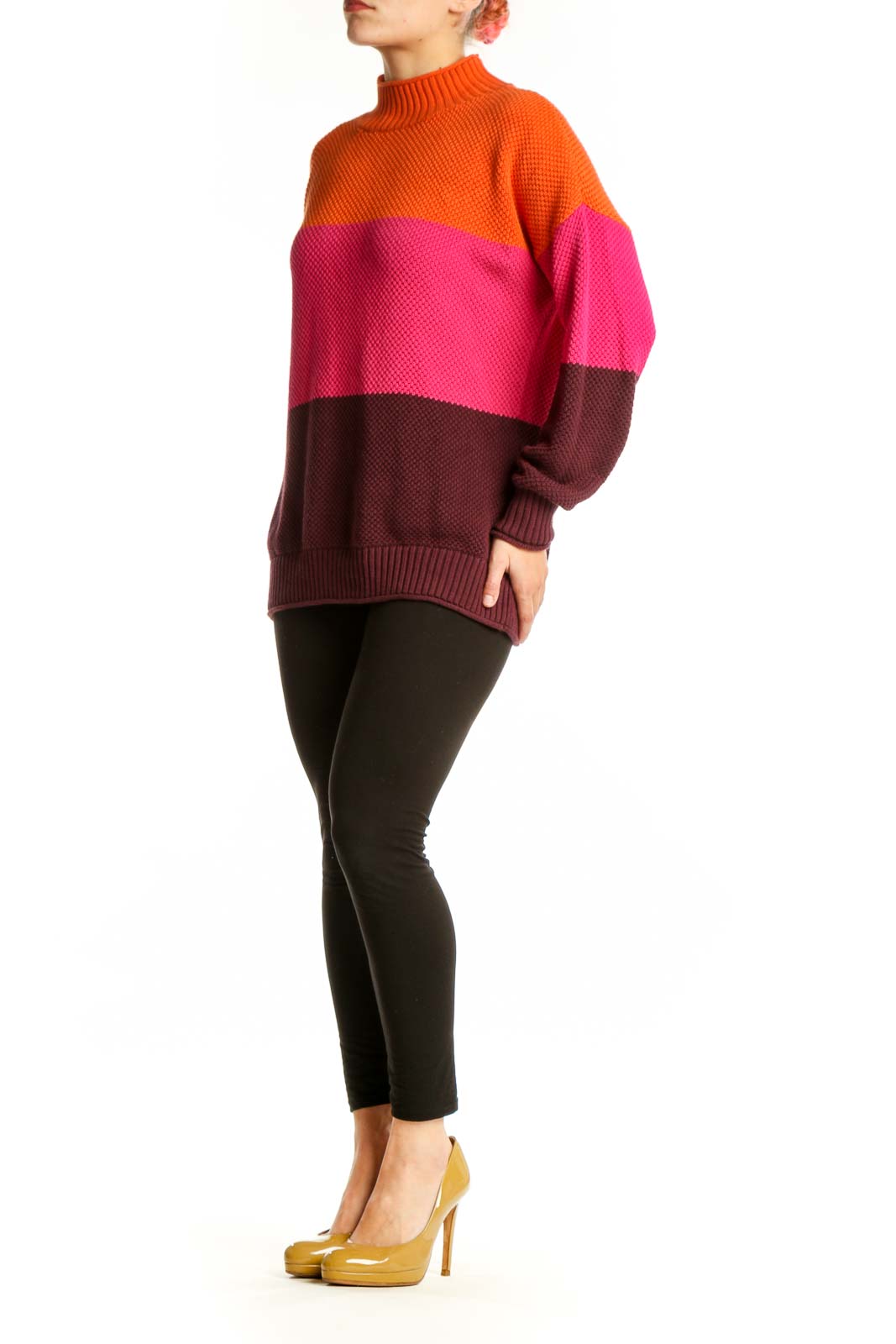 Front view of orange, pink, and burgundy colorblock knit pullover with mock neck by Belle by Kim Gravel