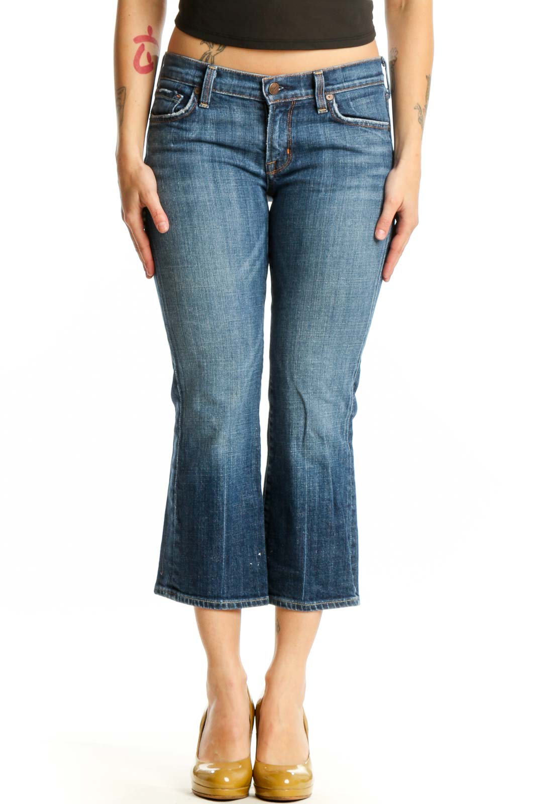 Front view of blue denim cropped flare jeans by Citizens of Humanity, size M, featuring mid-rise fit and classic five-pocket styling