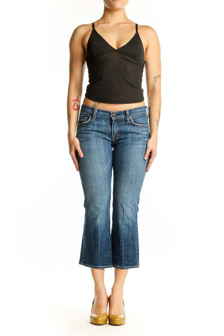 Front view of blue denim cropped flare jeans by Citizens of Humanity, size M, featuring mid-rise fit and classic five-pocket styling