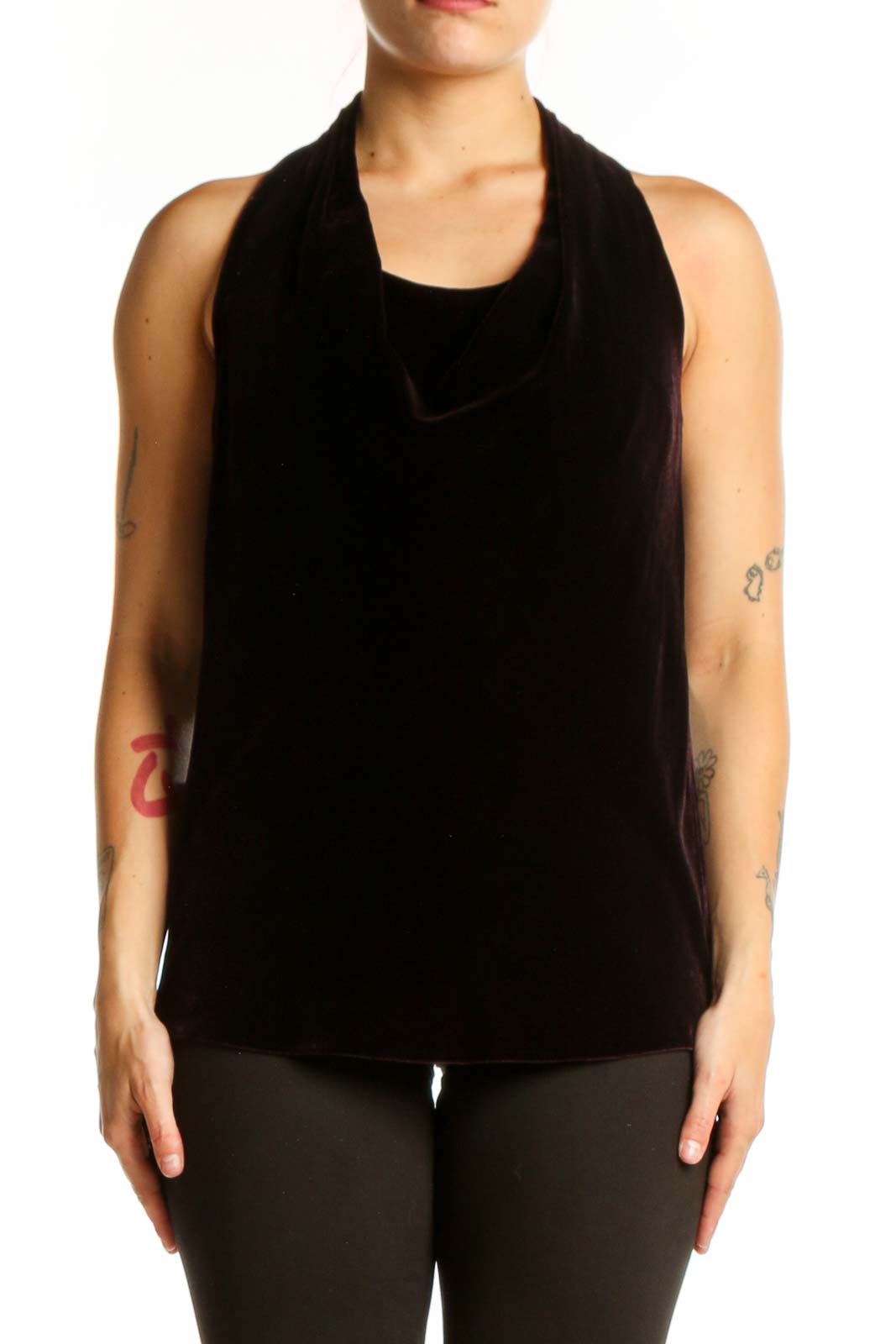 Black velvet halter tank top with draped neckline, front view on model