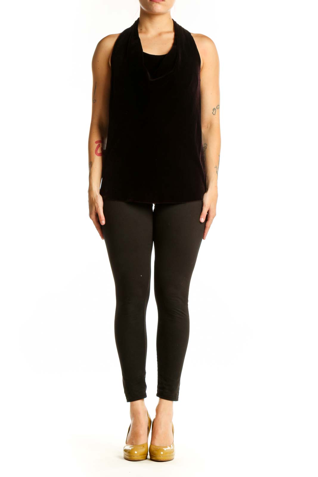 Black velvet halter tank top with draped neckline, front view on model