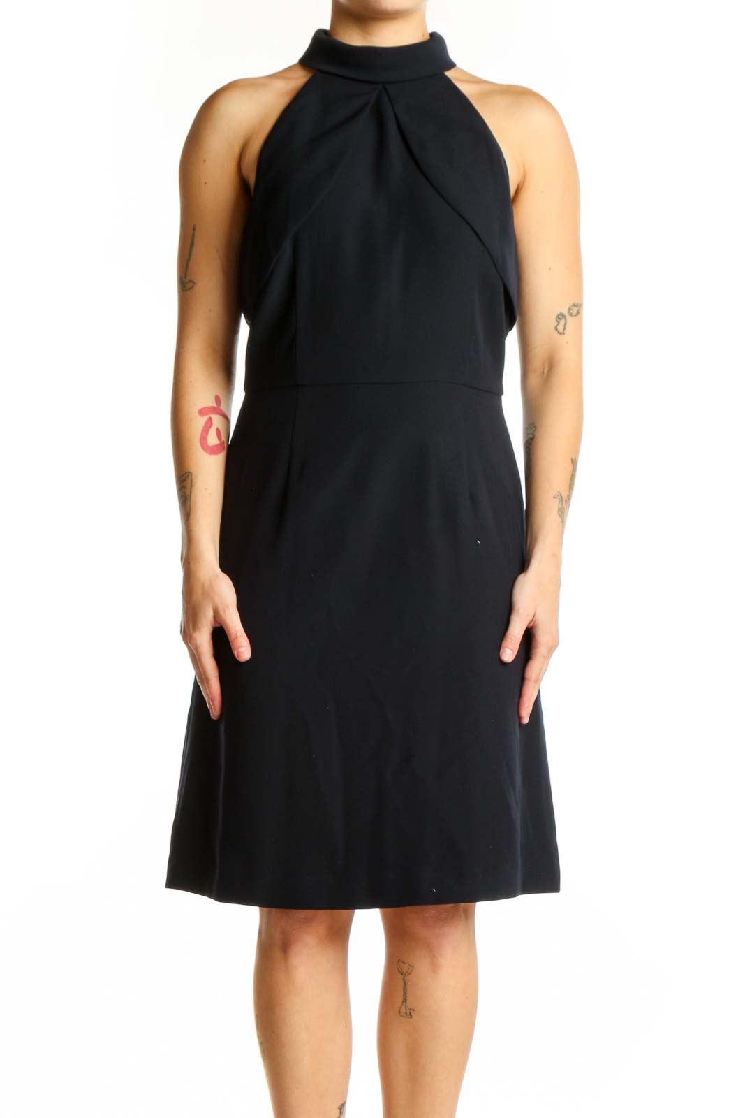 Black halter neck midi dress with twisted front detail and A-line silhouette by Tahari Arthur S. Levine
