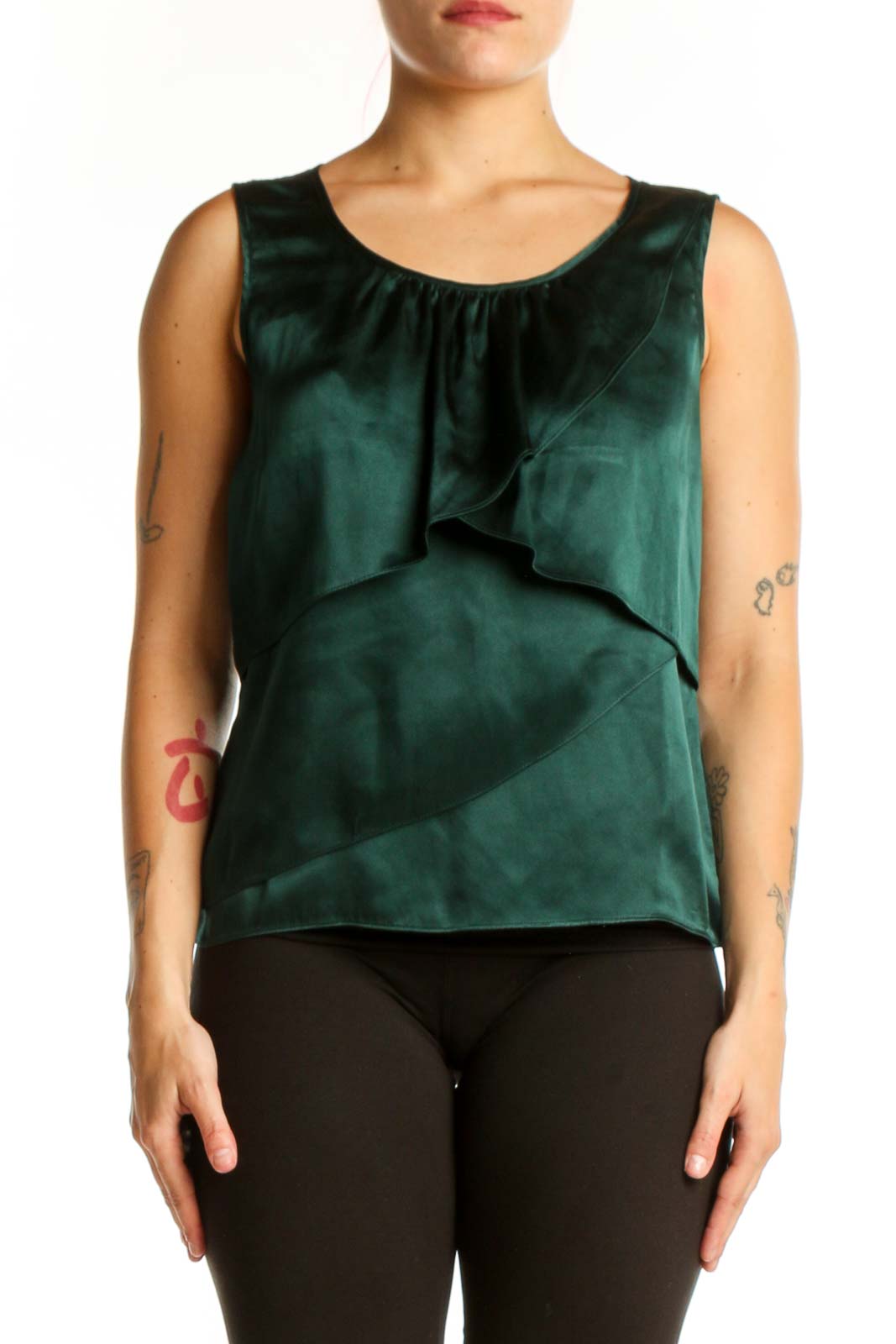 Front view of green silk ruffle tank top by Talbots with elegant ruffled design and rounded neckline