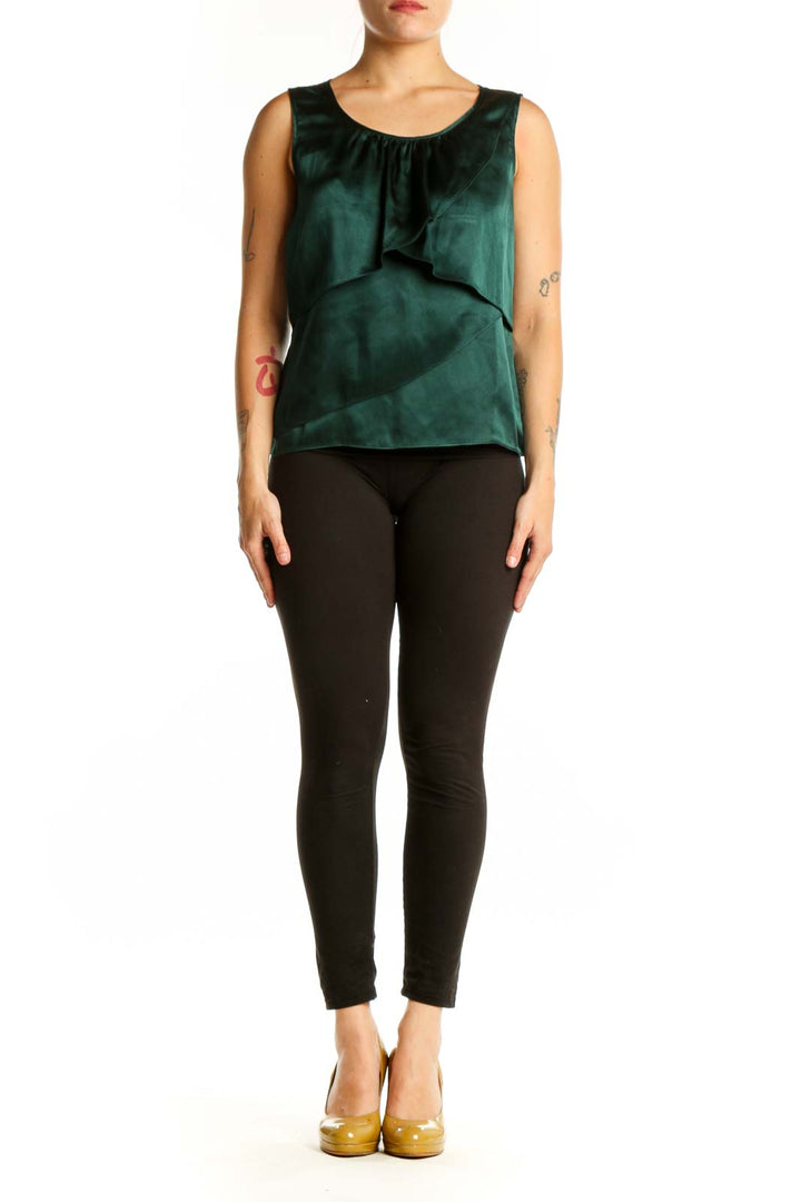 Front view of green silk ruffle tank top by Talbots with elegant ruffled design and rounded neckline