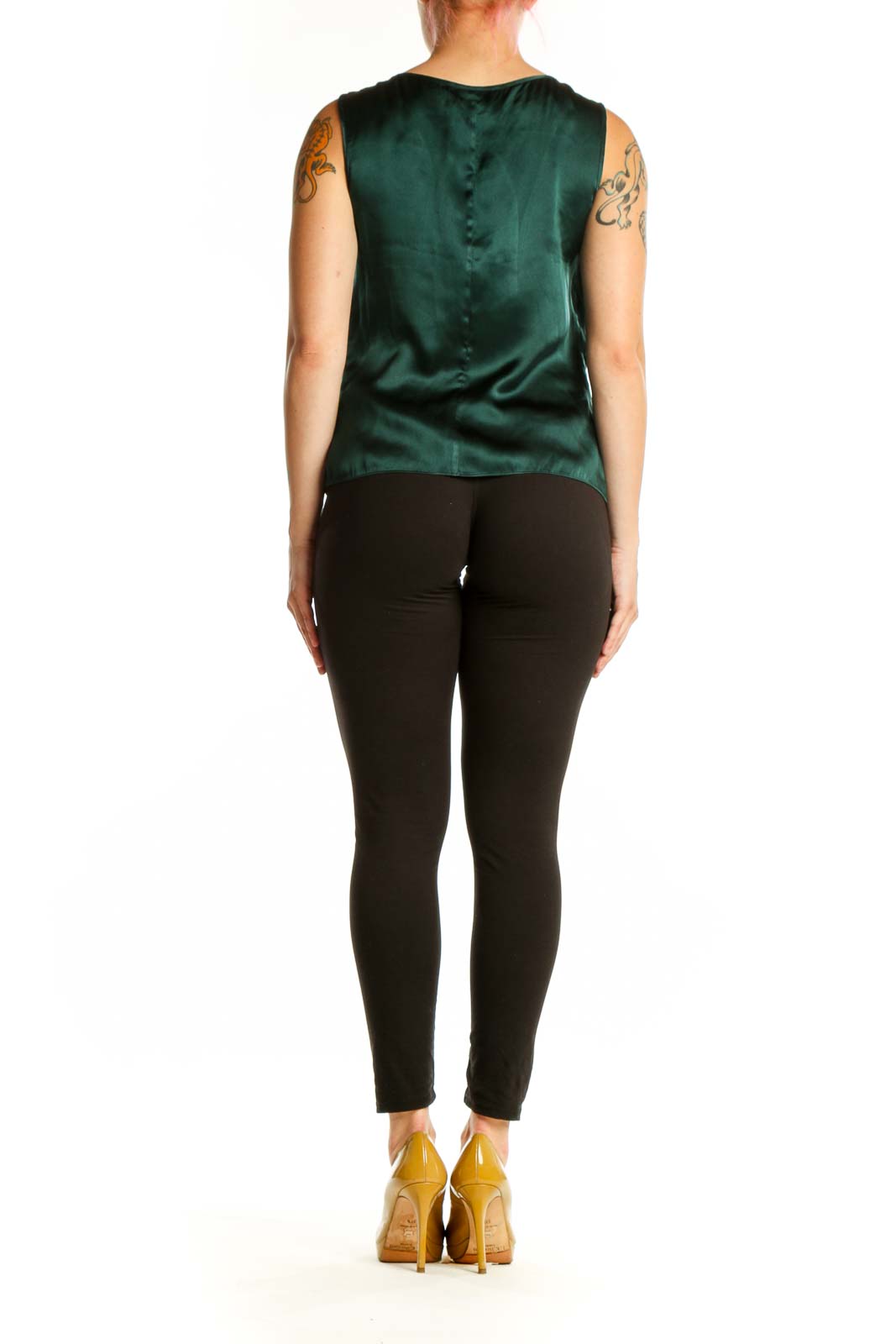 Back view of green silk ruffle tank top by Talbots showing ruffle detailing and sleeveless cut