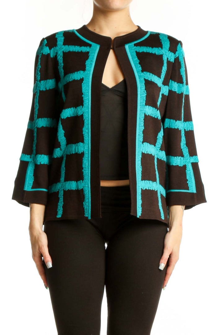 Turquoise and black geometric grid open-front jacket by Magaschoni Collection, front view