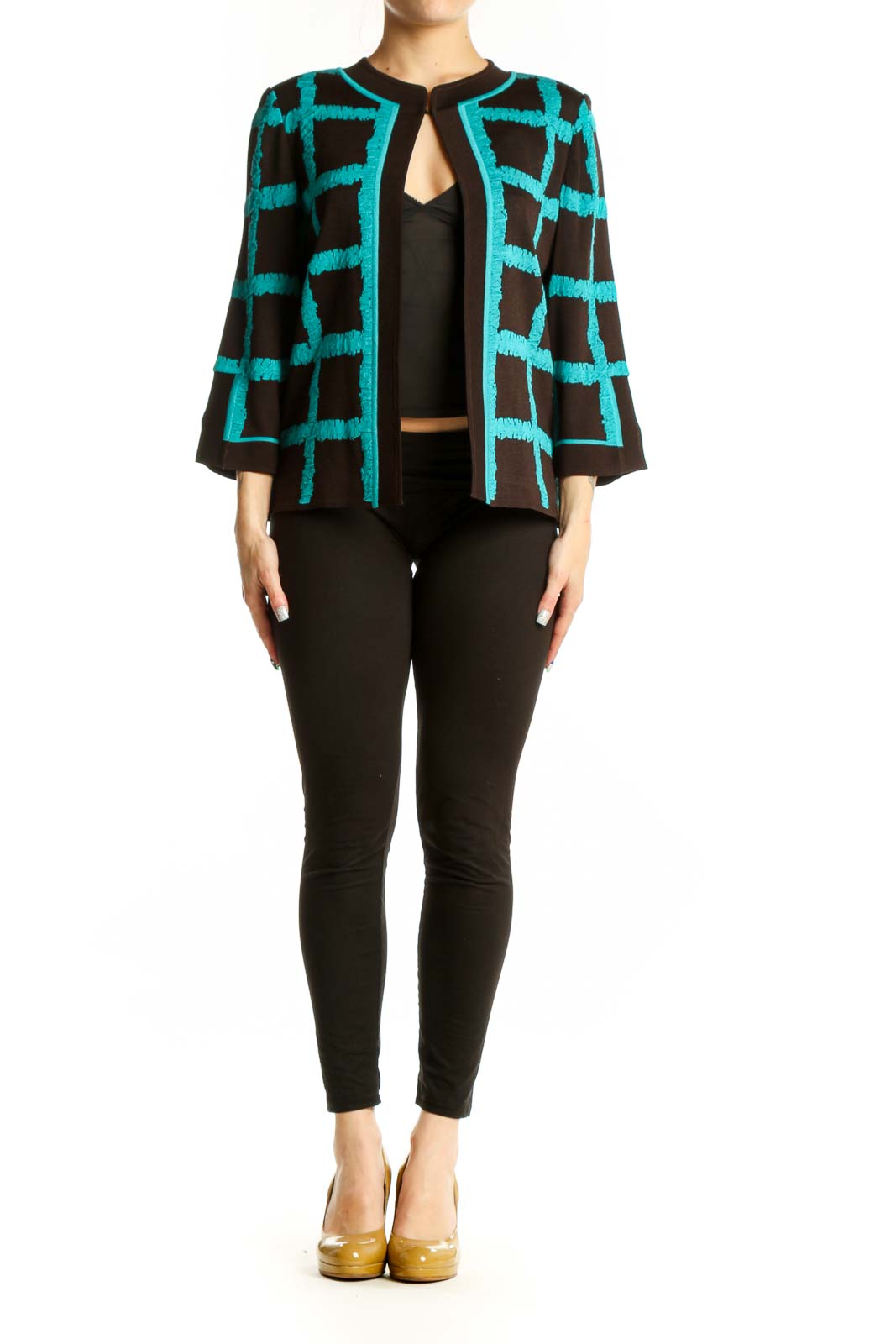 Turquoise and black geometric grid open-front jacket by Magaschoni Collection, front view