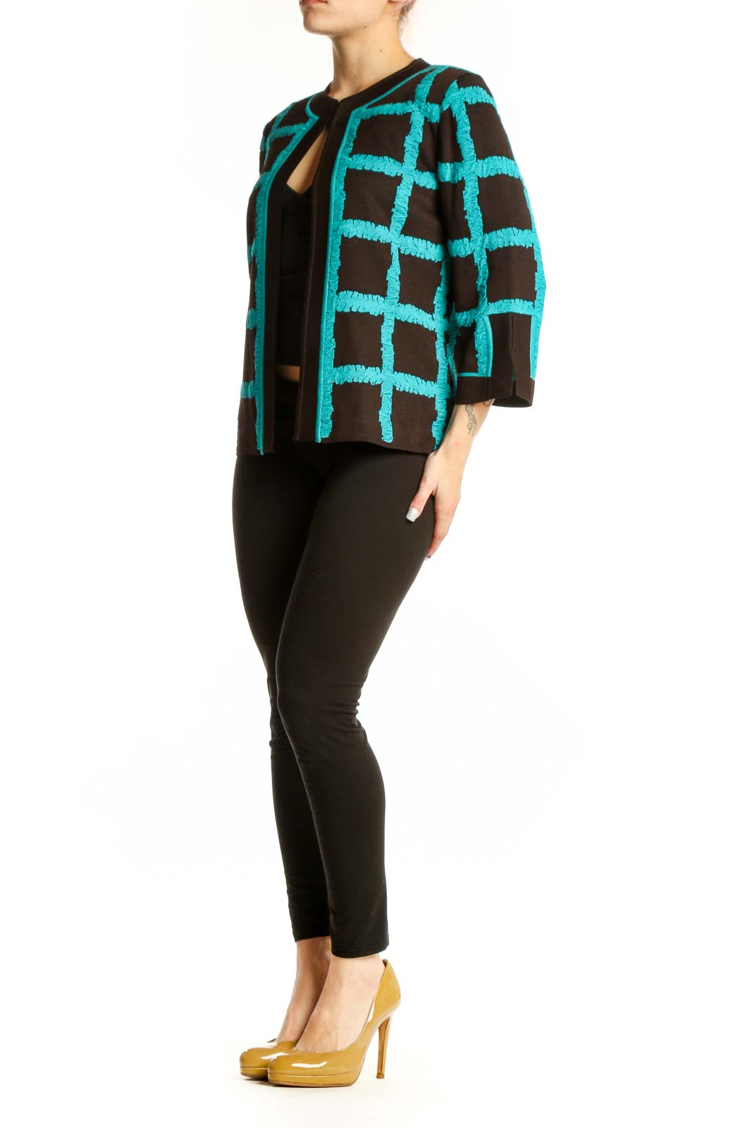 Turquoise and black geometric grid open-front jacket by Magaschoni Collection, front view