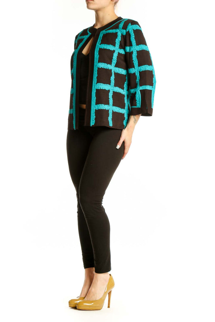Turquoise and black geometric grid open-front jacket by Magaschoni Collection, front view