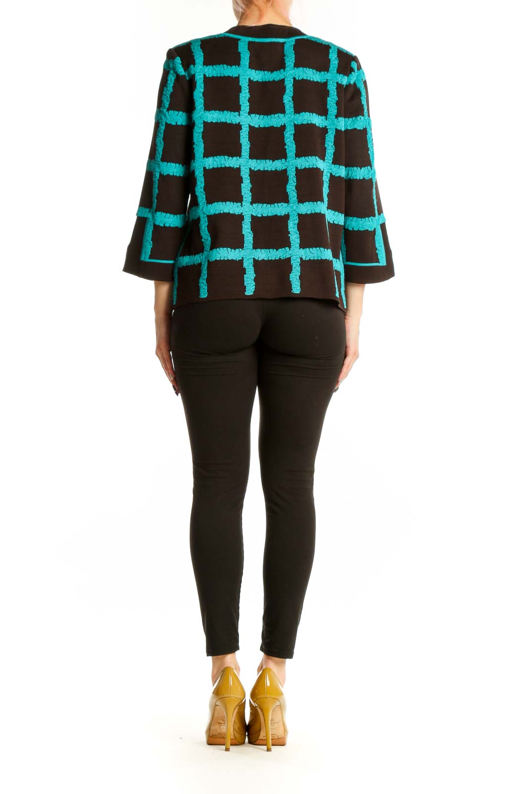 Turquoise and black geometric grid jacket by Magaschoni Collection, back view with three-quarter sleeves