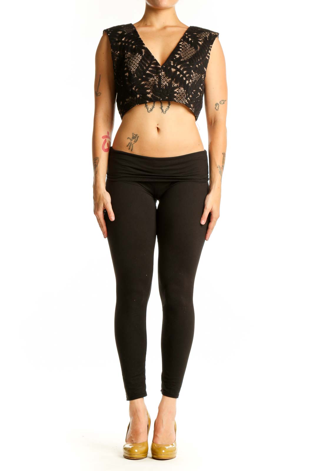 Black geometric lace crop top with V-neckline and tie detail, front view
