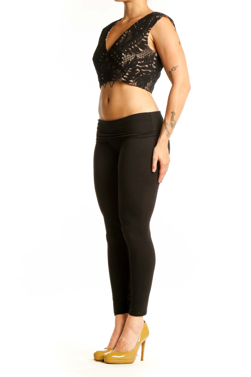 Black geometric lace crop top with V-neckline and tie detail, front view