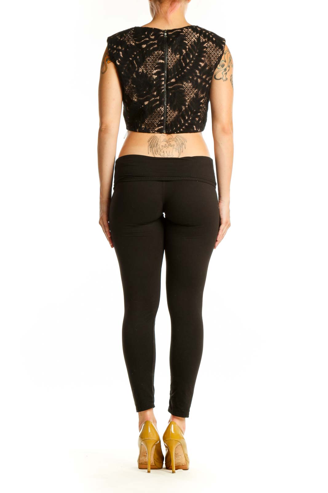Black geometric lace crop top with tie detail, back view