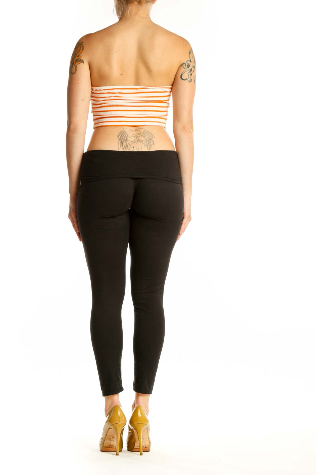 Orange and white striped strapless crop top with sweetheart neckline, back view