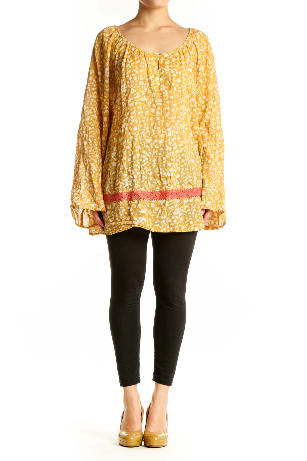 Yellow floral print cotton blouse with bell sleeves and coral trim detail, front view
