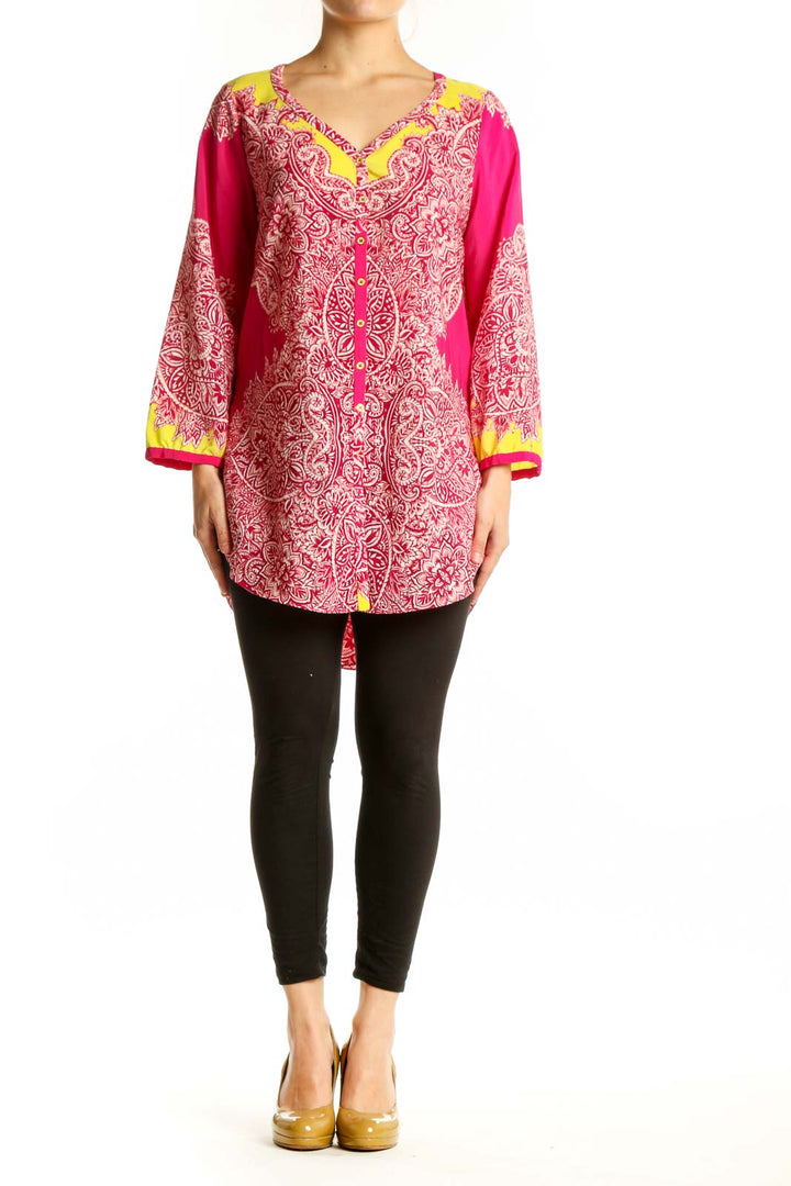 Pink and white paisley Yoana Baraschi tunic top with yellow color-blocking on sleeves and neckline, button-front closure, size L