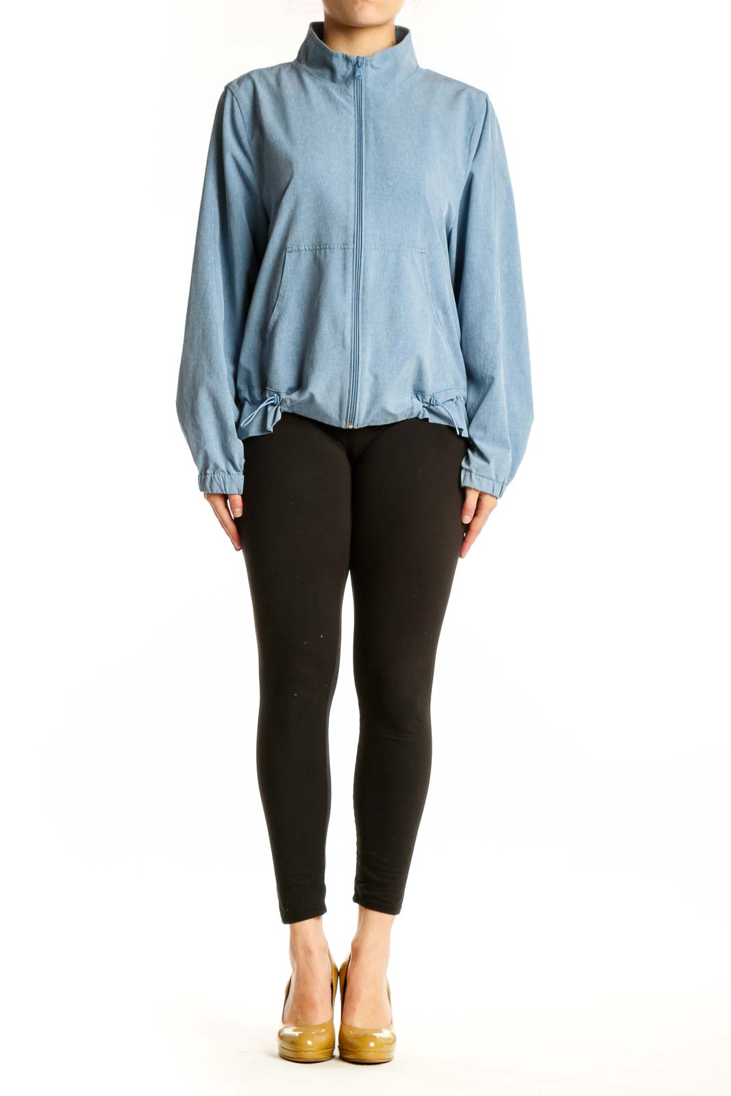 Front view of light blue denim windbreaker jacket with full-length zipper and mock neck collar