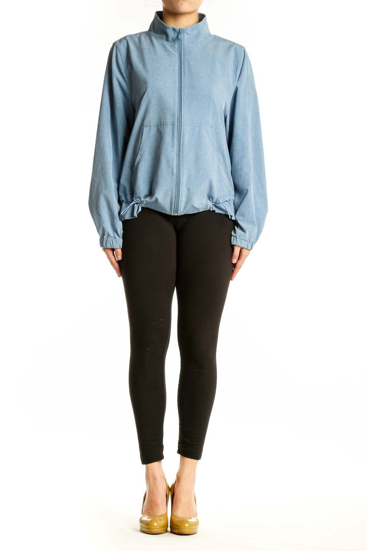 Front view of light blue denim windbreaker jacket with full-length zipper and mock neck collar