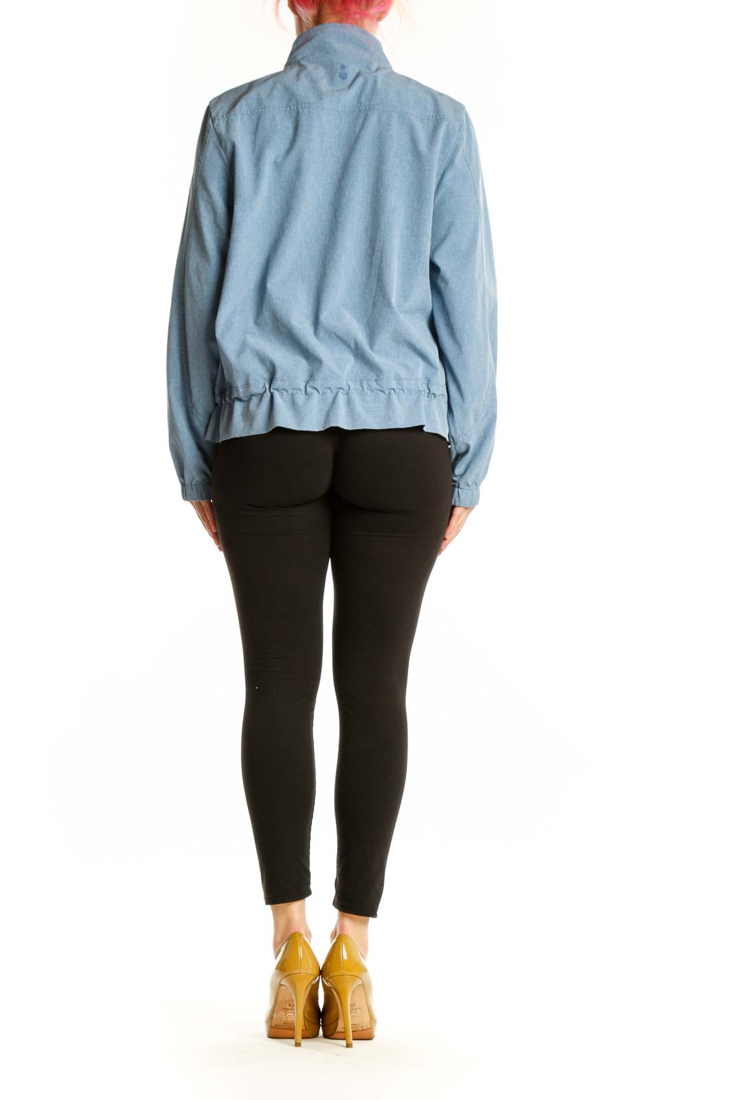 Back view of light blue denim windbreaker jacket showing drawstring hem details