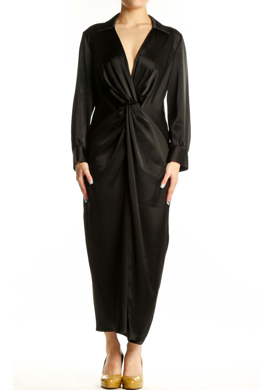 Black Wrap Midi Dress with Long Sleeves