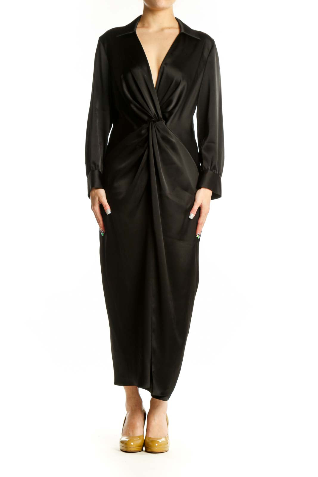 Black wrap midi dress with long sleeves and V-neckline, front view on model