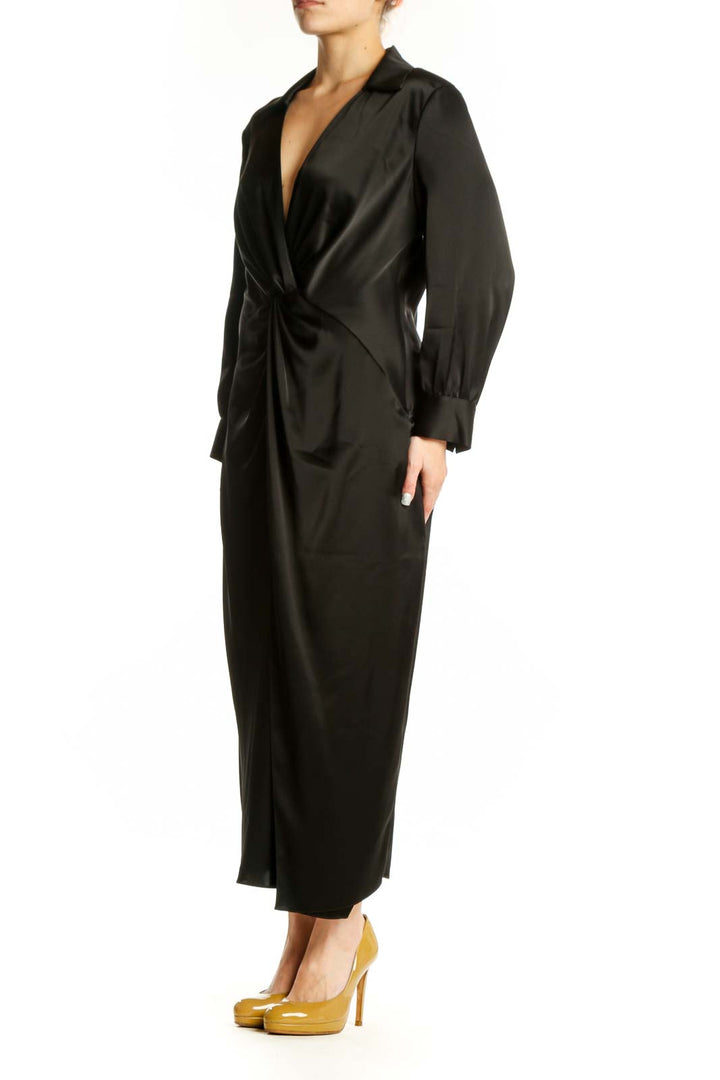 Black wrap midi dress with long sleeves and V-neckline, front view on model