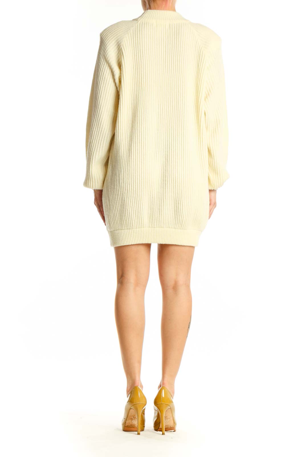 Cream Ribbed Knit Sweater Dress
