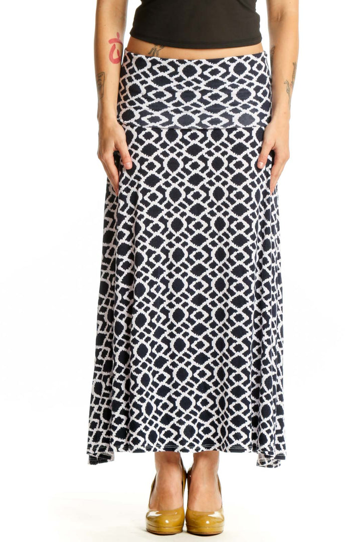 Navy and white geometric maxi skirt with A-line silhouette, front view