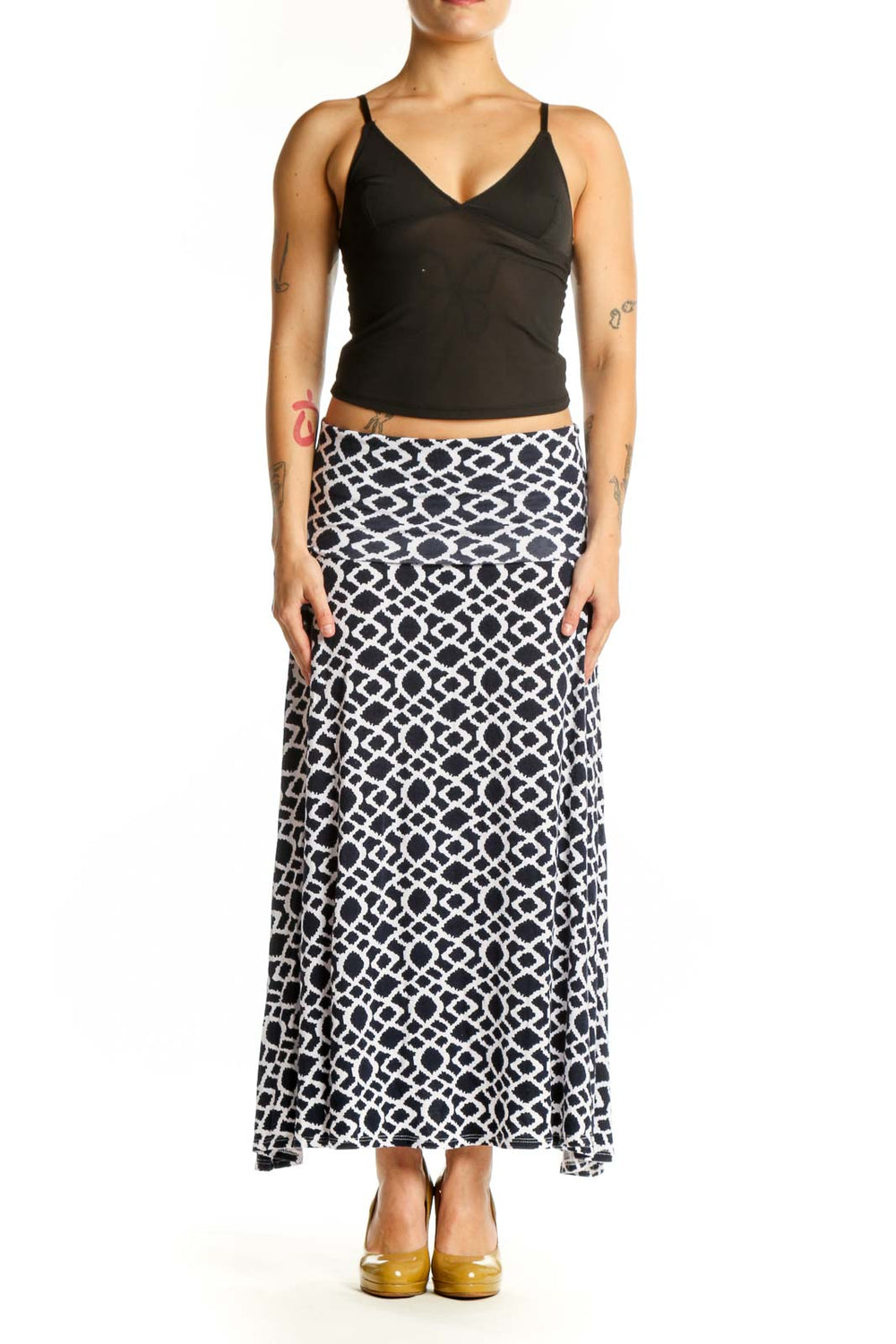 Navy and white geometric maxi skirt with A-line silhouette, front view