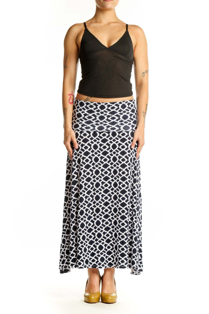 Navy and white geometric maxi skirt with A-line silhouette, front view
