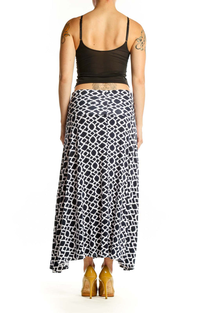 Navy and white geometric maxi skirt with A-line silhouette, back view