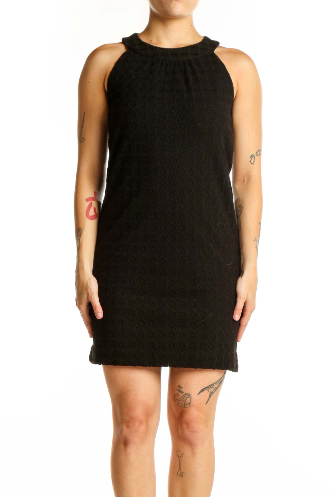 Black sleeveless halter neck dress front view on model
