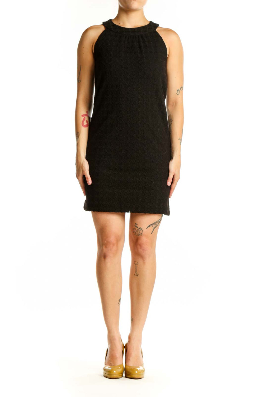 Black sleeveless halter neck dress front view on model