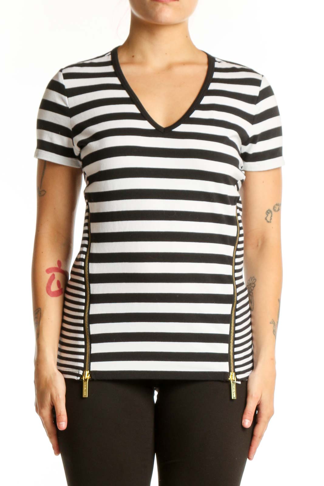 Black and white horizontally striped Michael Kors v-neck top with short sleeves and gold side zip details, front view