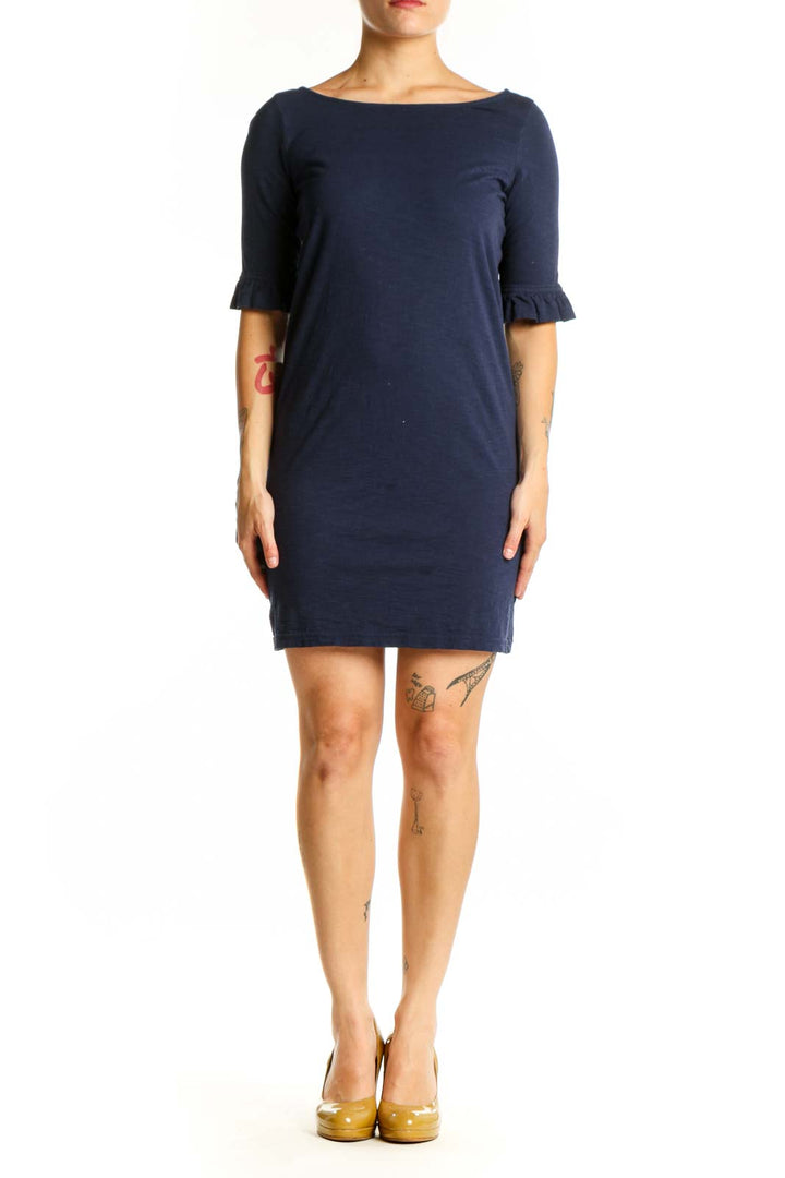 Navy Pima cotton ruffle sleeve dress by Lilly Pulitzer, front view on model