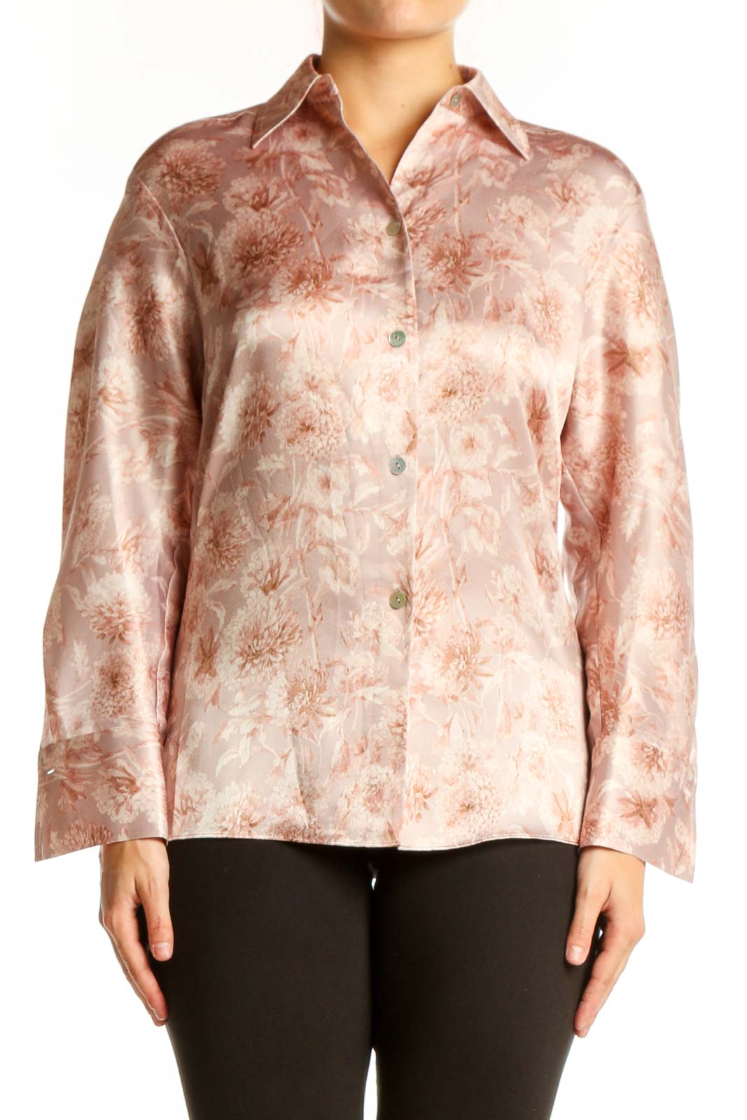 Blush floral silk button-up shirt by Vince, front view showing delicate rose-toned botanical print and classic collar