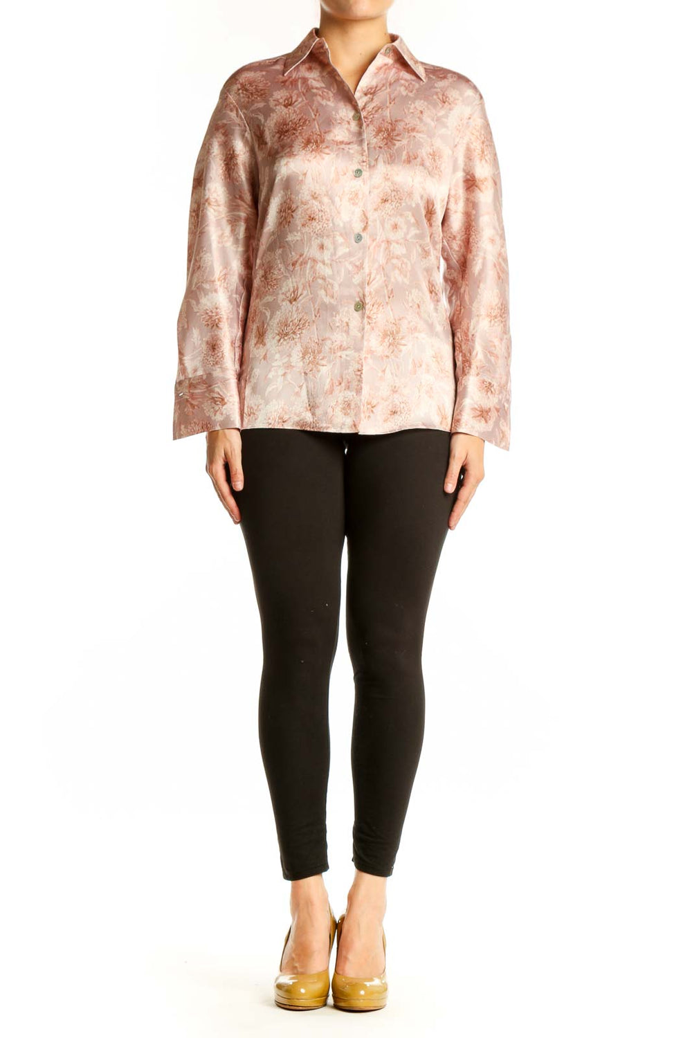 Blush floral silk button-up shirt by Vince, front view showing delicate rose-toned botanical print and classic collar