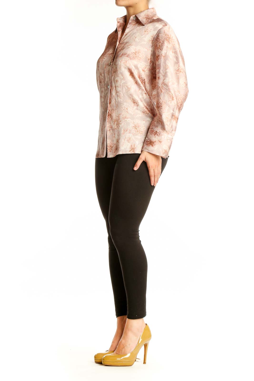 Blush floral silk button-up shirt by Vince, front view showing delicate rose-toned botanical print and classic collar