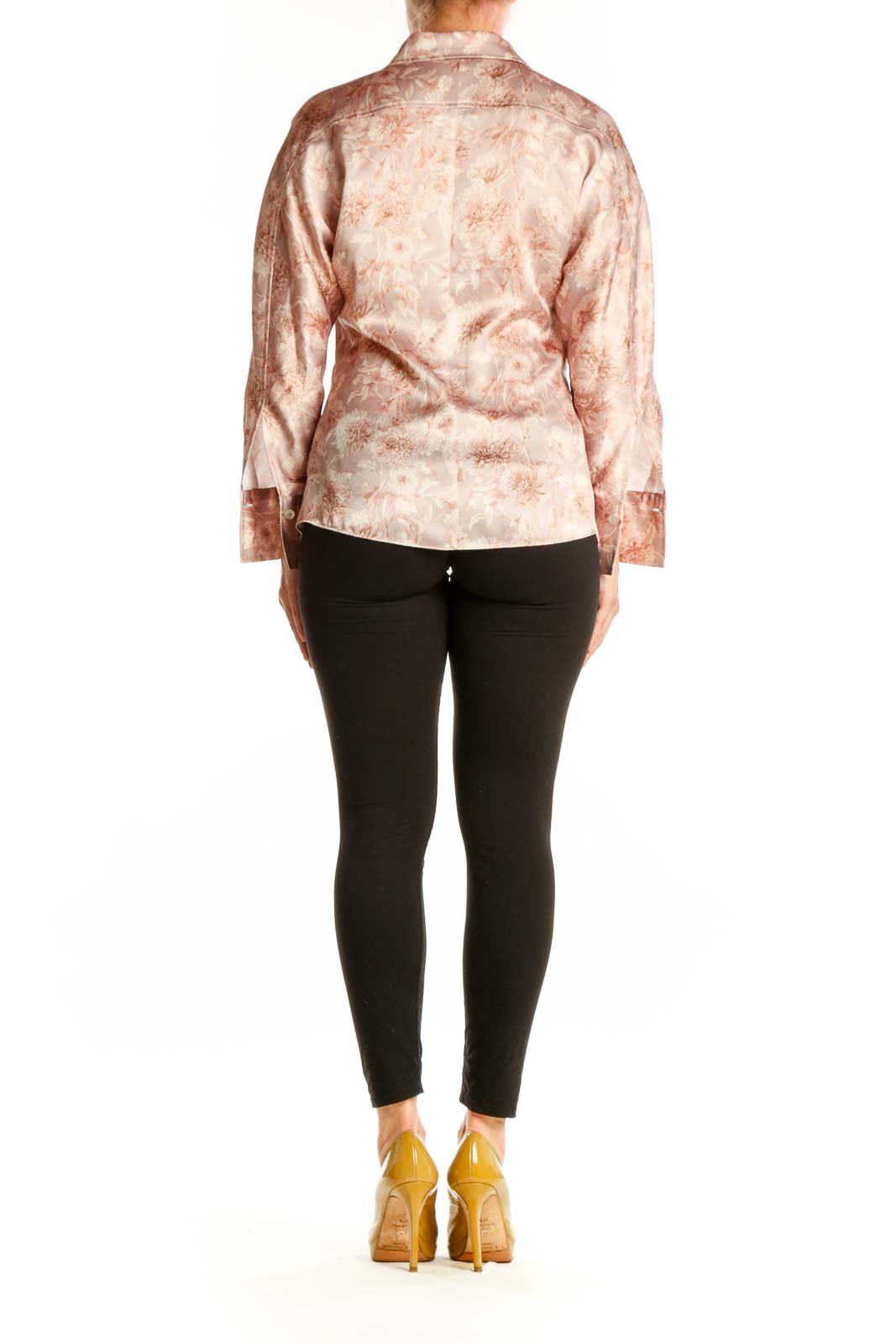 Blush floral silk button-up shirt by Vince, back view displaying full-length sleeves and relaxed fit silhouette