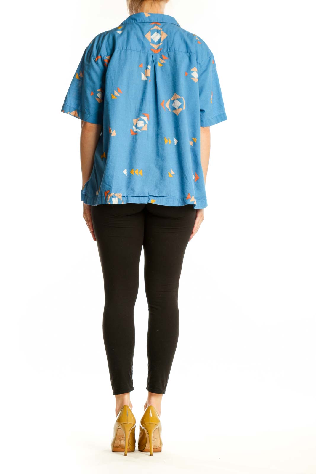 Blue abstract geometric print cotton button-up shirt, back view showing relaxed fit