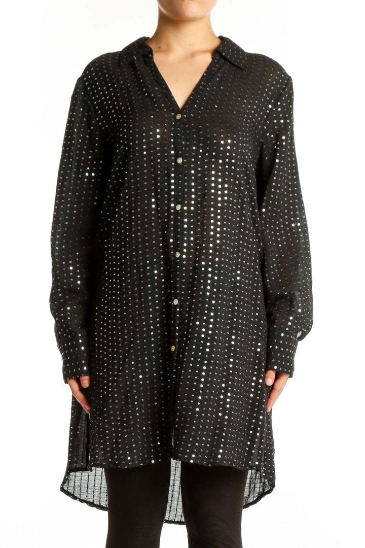 Black sequin button-up shirt dress with all-over sparkle embellishment, long sleeves, and collar detail