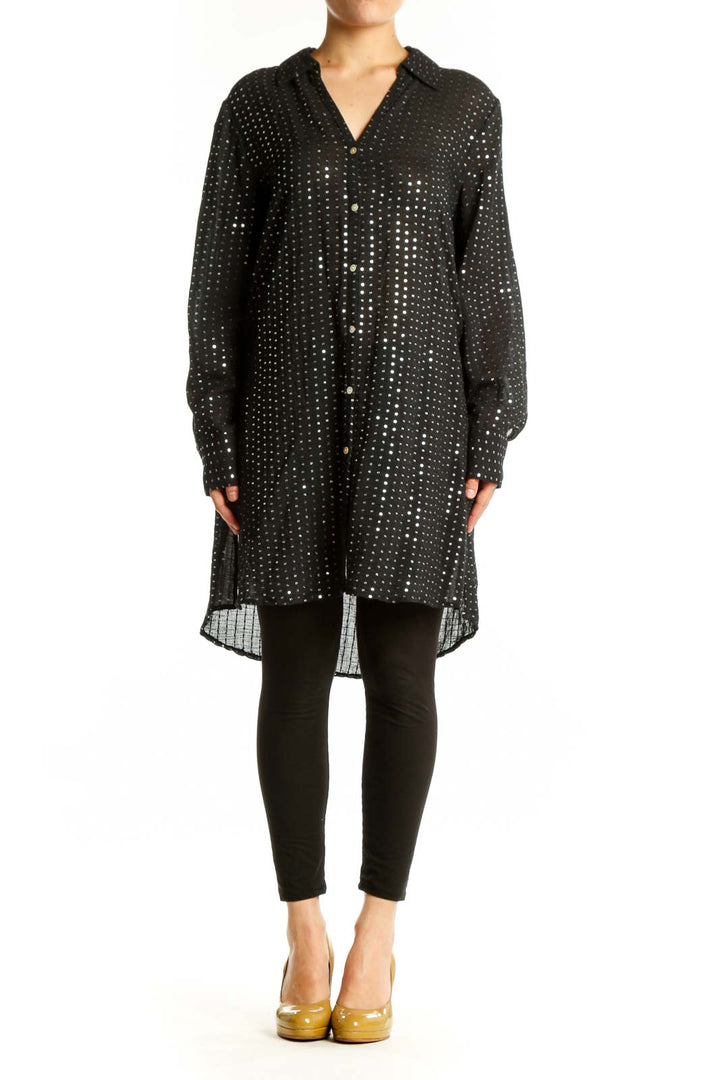 Black sequin button-up shirt dress with all-over sparkle embellishment, long sleeves, and collar detail