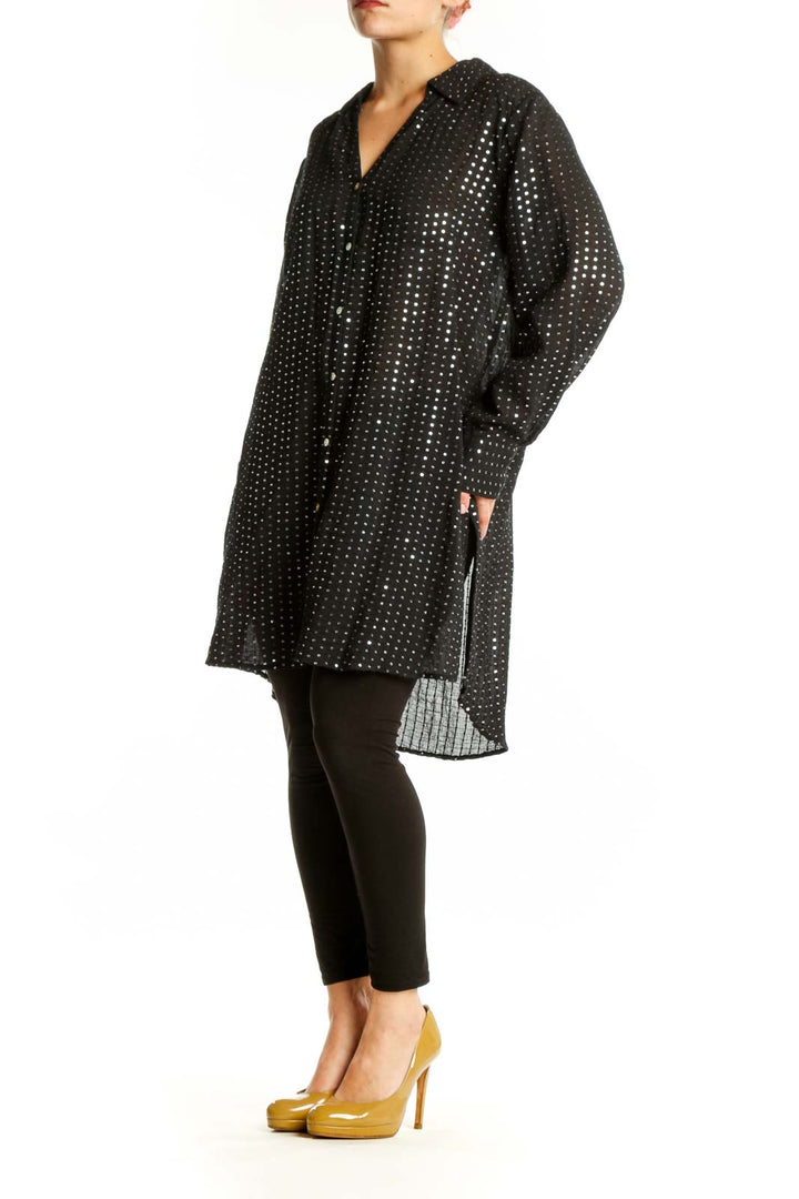 Black sequin button-up shirt dress with all-over sparkle embellishment, long sleeves, and collar detail
