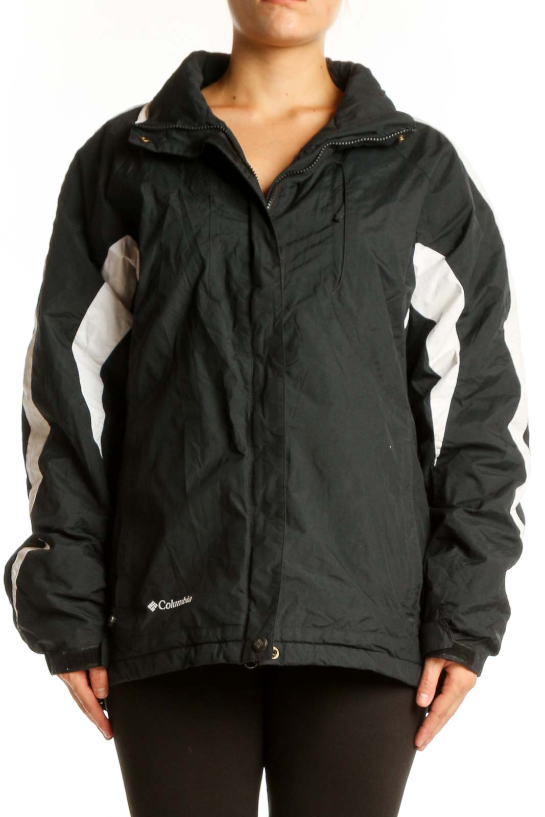 Black Columbia windbreaker jacket with white stripe accents, hooded design, front view on model