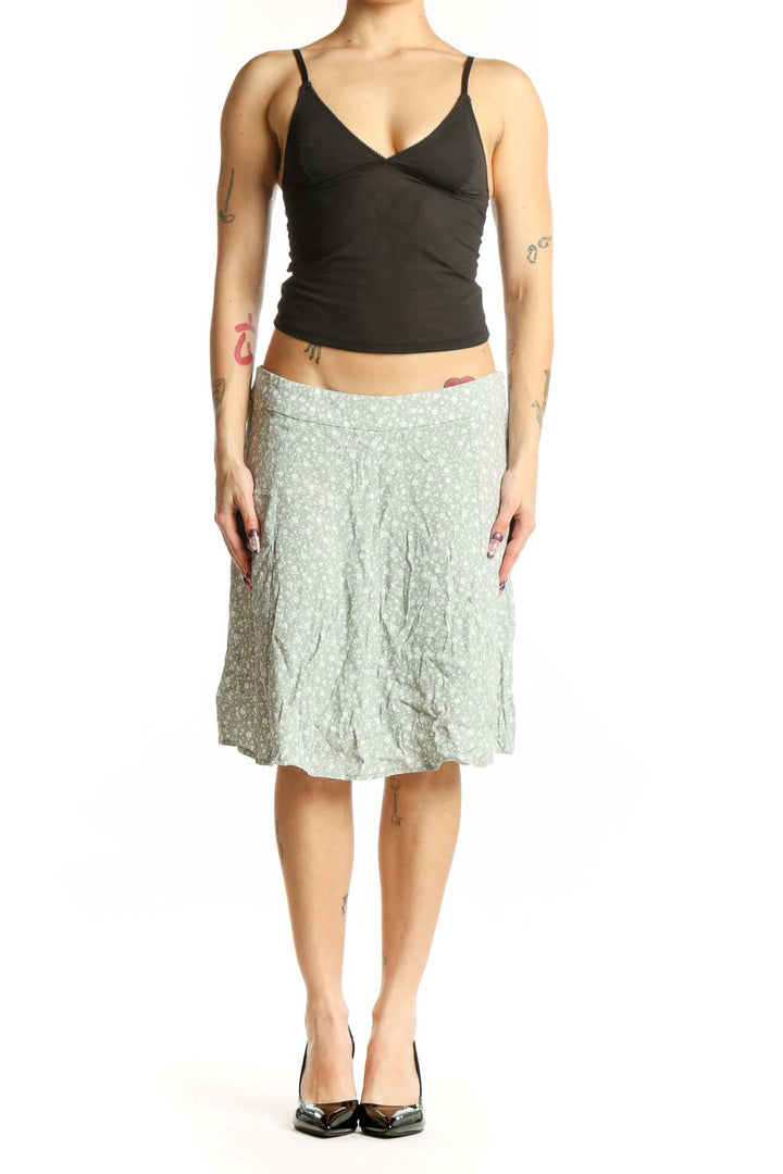 Green floral A-line midi skirt by LOFT, front view showing all-over print and relaxed fit